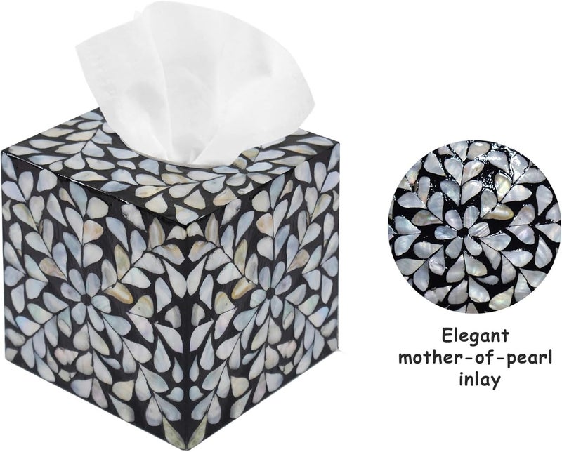 PEMAR Handcrafted Wooden Tissue Box Cover for Small Cube Tissue Boxes Only (Max Inner Size 4.7”) – Mother of Pearl Inlay Decorative Tissue Holder for Bathroom, Living Room & Office (White Vines) - Image 5